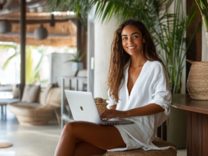 beautiful esthetician with a laptop needing website design.
