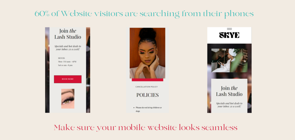 images of 3 malabella design website templates optimized for mobile. Text says 60% of website visitors are searching from their phones. Make sure your mobile website looks seamless.