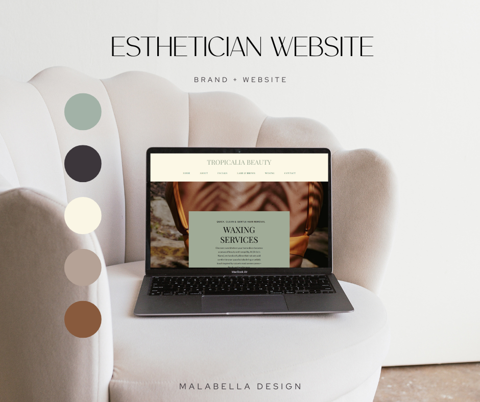 Esthetician Website. An image of a laptop on a white chair with Waxing Service on the web page for esthetician marketing.