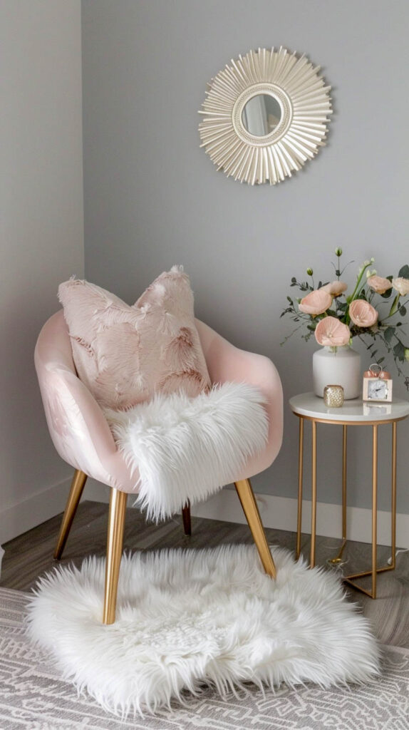 a pink chair with a white fur rug and minimal decor