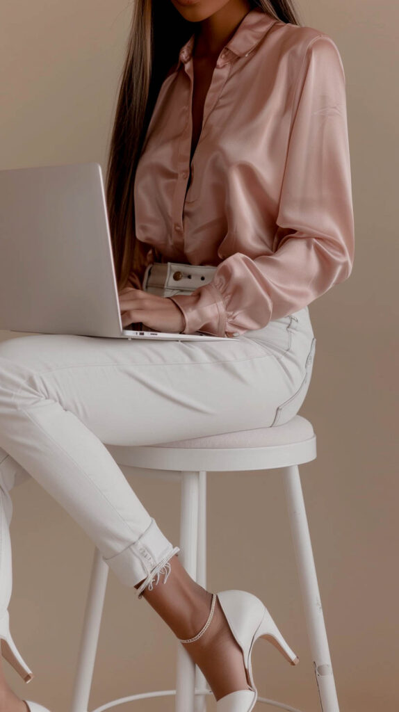 a Mindset coach looking at her coaching website from her laptop as she sits on a white stool.